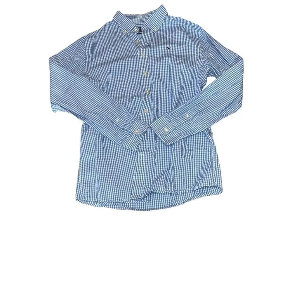 Vineyard Vines Boys Whale Shirt Long Sleeve Blue Gingham Button Up size Large 16